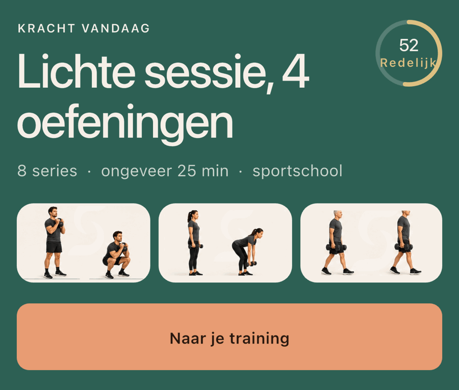 Dezelfde dag na een zware nacht: een lichte sessie van vier oefeningen in plaats van vijf, acht series in plaats van vijftien, ongeveer vijfentwintig minuten, en een ring op tweeënvijftig die Redelijk zegt.