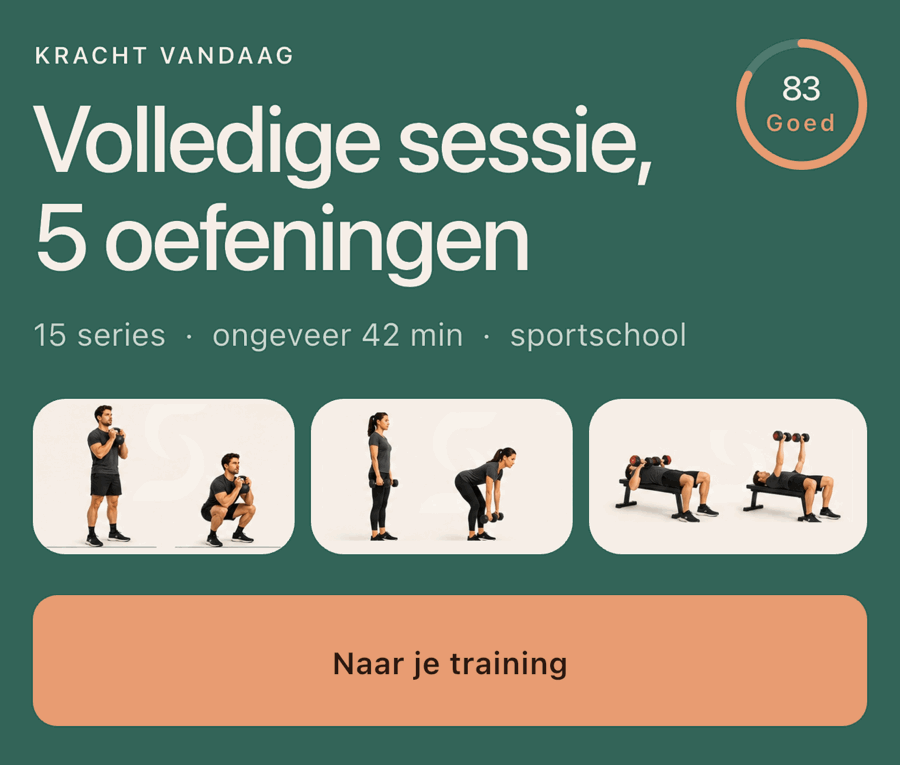 De sessie die Sterrek voorstelt op een dag met goed herstel: een volledige sessie van vijf oefeningen, vijftien series, ongeveer tweeënveertig minuten in de sportschool, met een ring die de dag op drieëntachtig zet en Goed noemt.